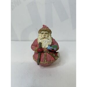 Russ Sculpstone Pink Santa Figure 4 1/4" with Staff and Train